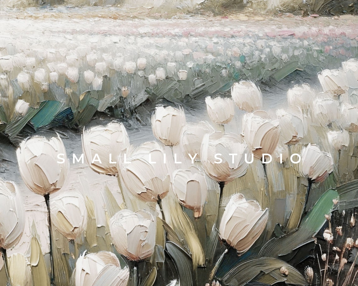 Neutral White Tulips Field Soft Pastel Vintage Spring Landscape Poster - Image 4