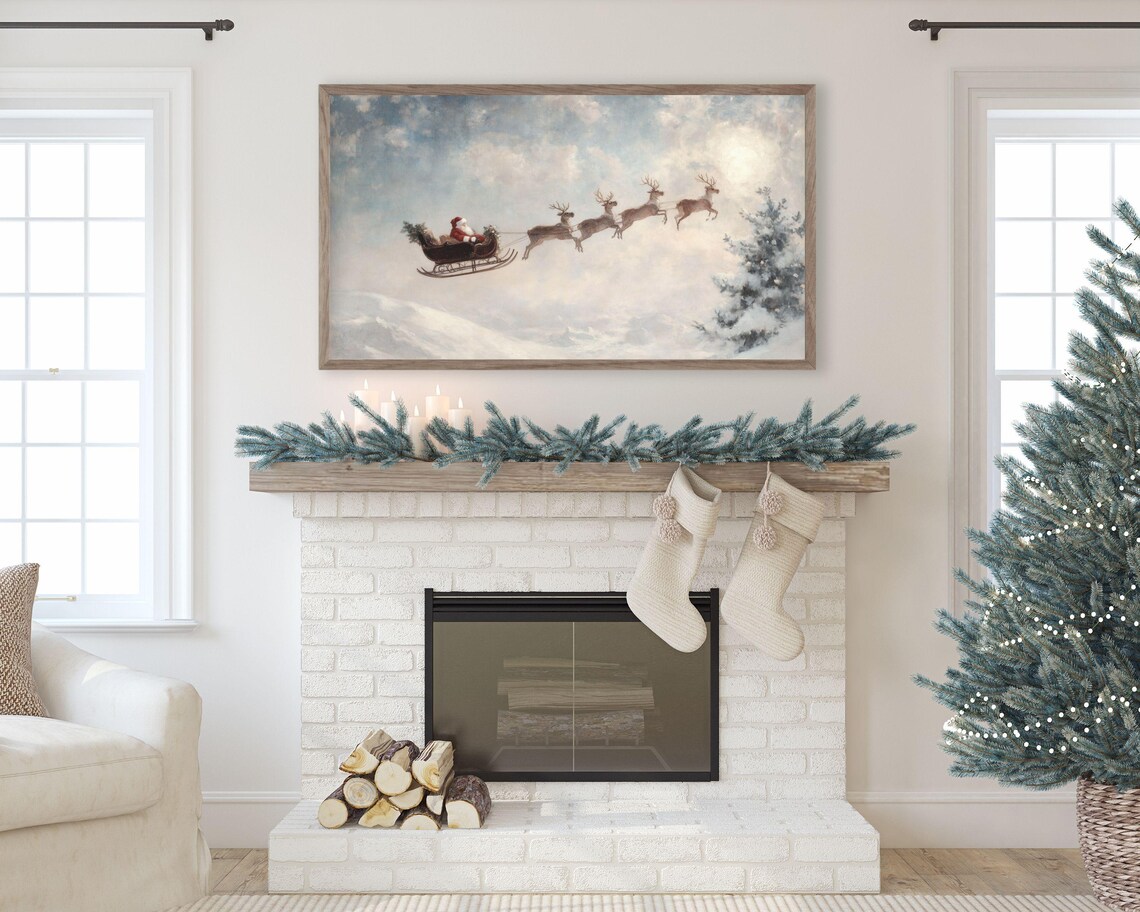 Santa And Reindeer Flying Christmas Art Print - Image 2