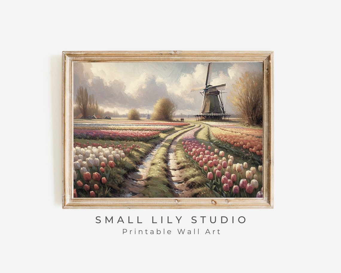 Dutch Windmill Colorful Tulip Field Rows Spring Netherlands Print - Image 3