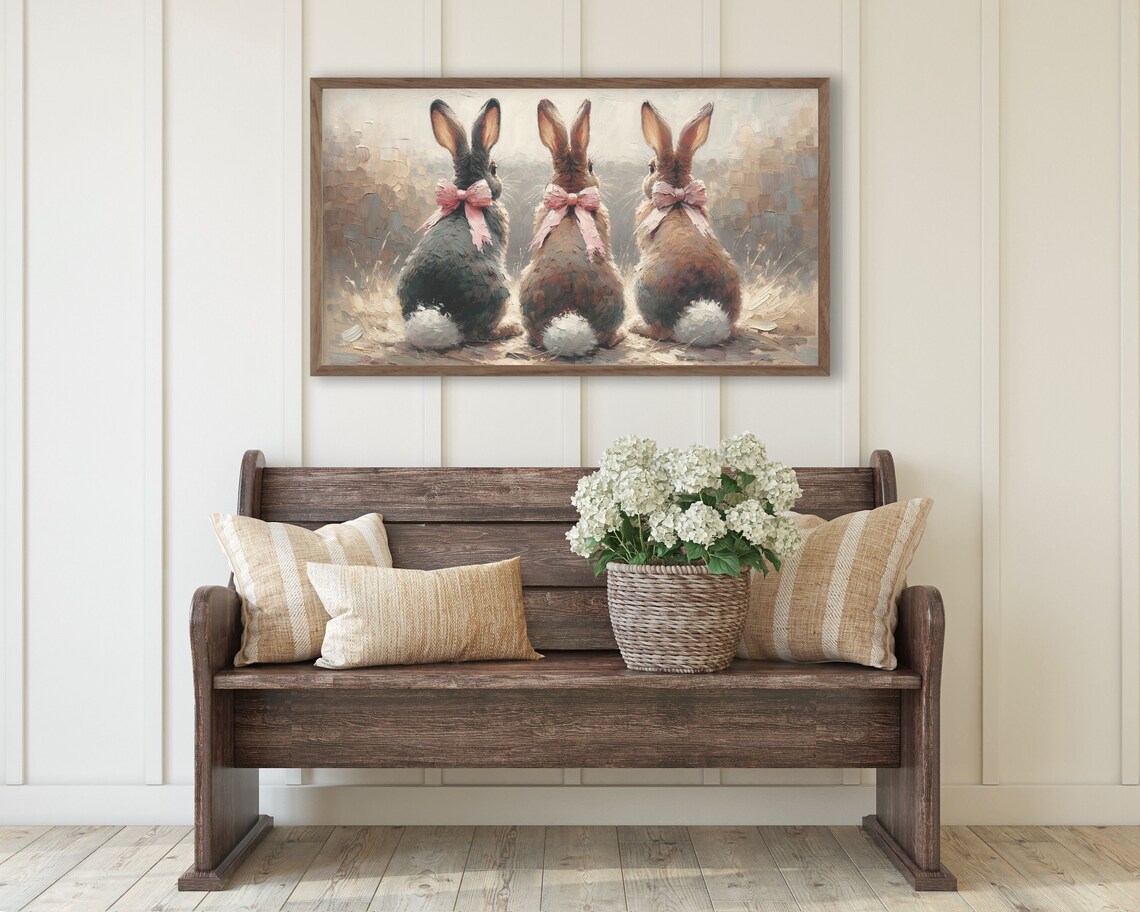 Bunnies With Pink Bows Easter Rabbit Art Print - Image 2