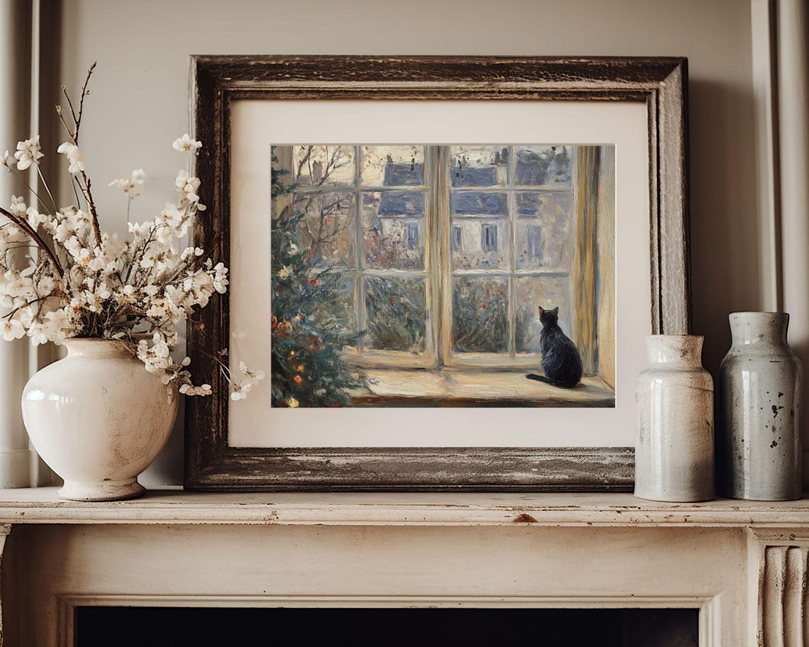 Black Cat Windowsill Snowy Window View Christmas Tree Rustic Art Print - Image 3