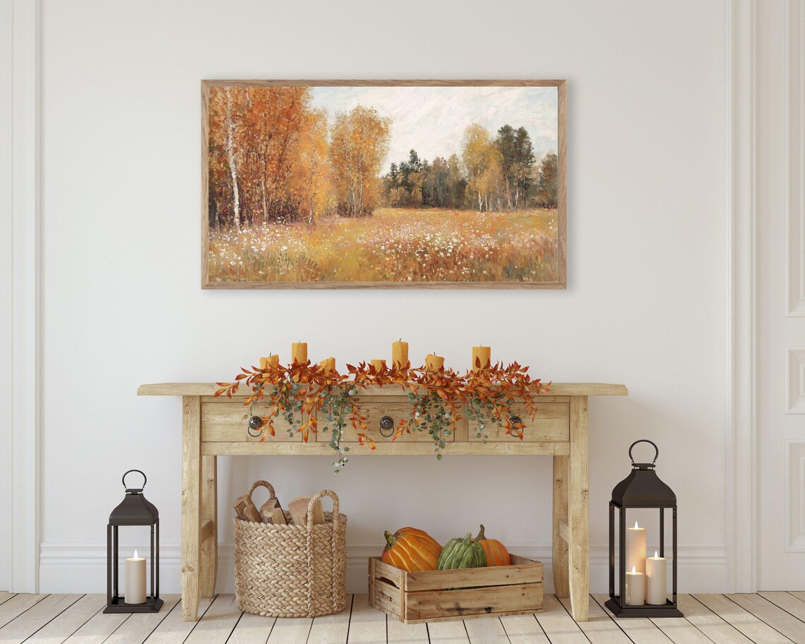 Autumn Wildflower Meadow With Orange Birch Trees Vintage Poster - Image 2