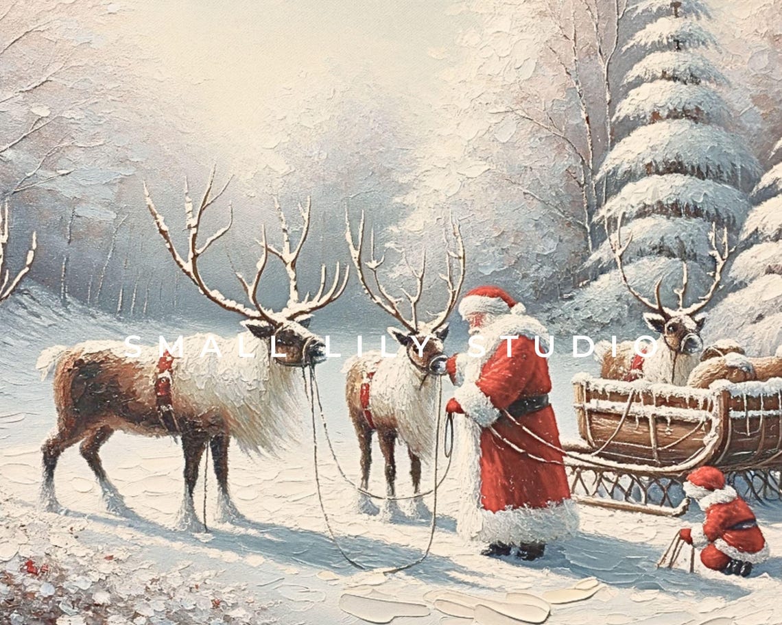 Santa And Reindeer Print Vintage Style Christmas Wall Art Textured Painting Cute Pink Winter Wonderland Picture For Kids P093 - Image 4