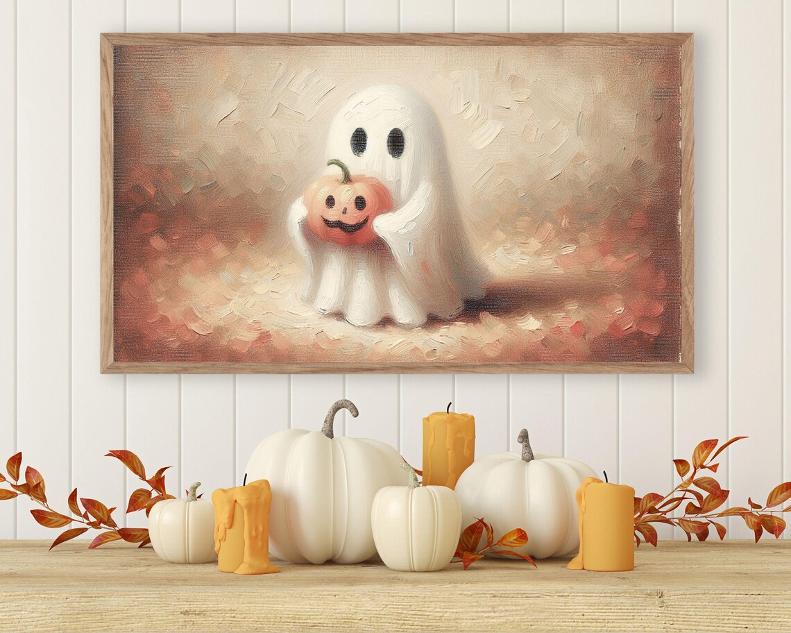 Neutral Halloween Ghost With Pumpkin Art Print - Image 2