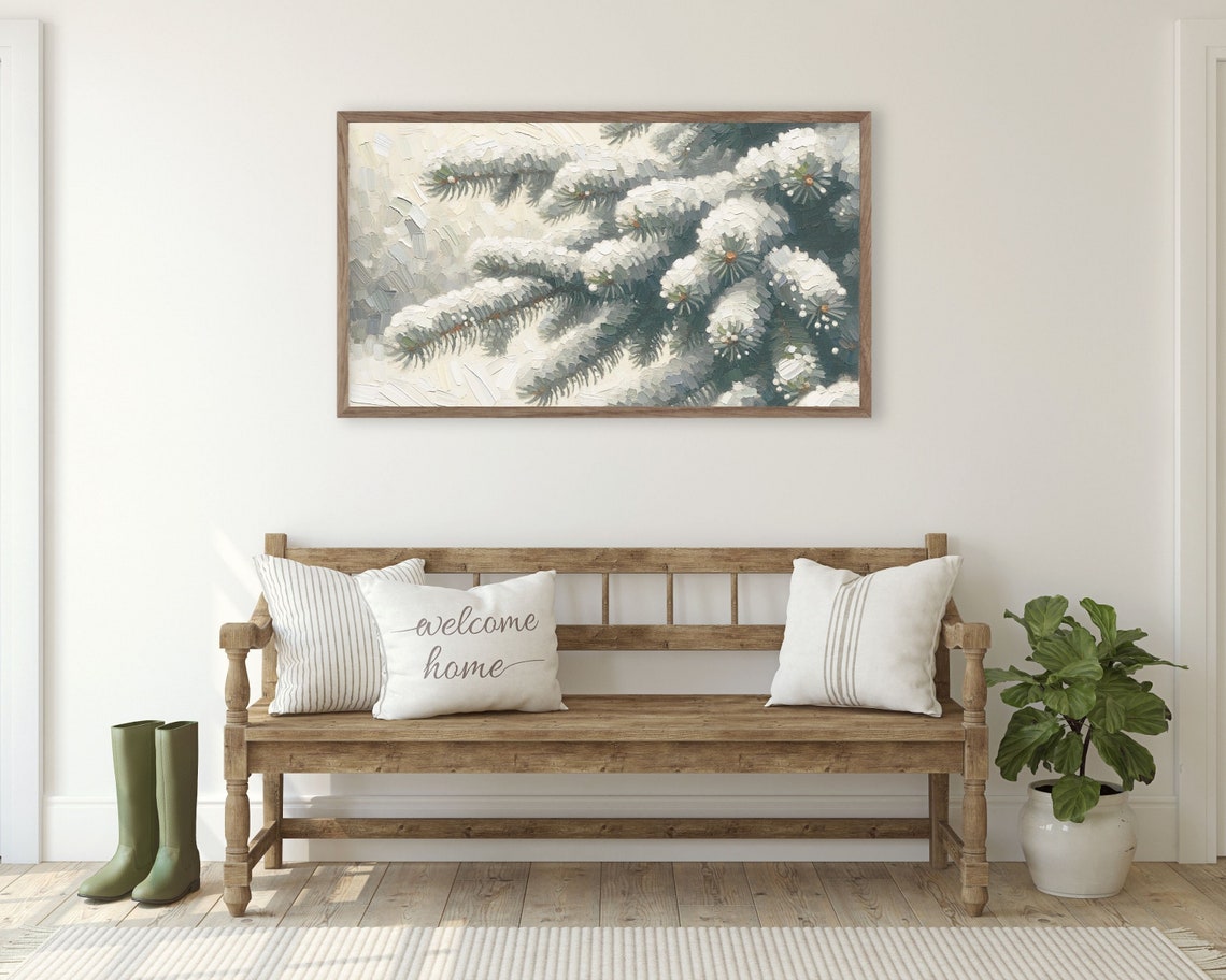 Snow Covered Pine Branch Close Up Textured Winter Painting Poster - Image 3