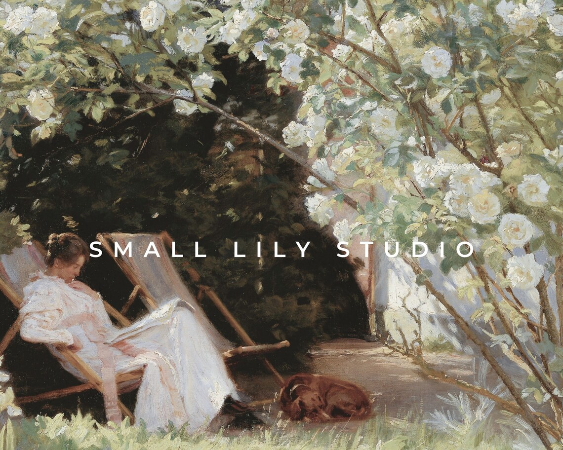 Woman Reading In Rose Garden Vintage Spring Floral Oil Painting Style Poster - Image 4