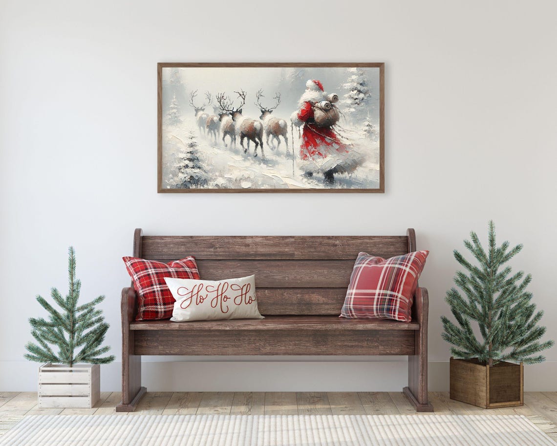 Frame Tv Art Santa And Reindeer Walking Frame Tv Christmas Art White Winter Snow Landscape Vintage Style Santa Tv Picture Tv434 - Image 3