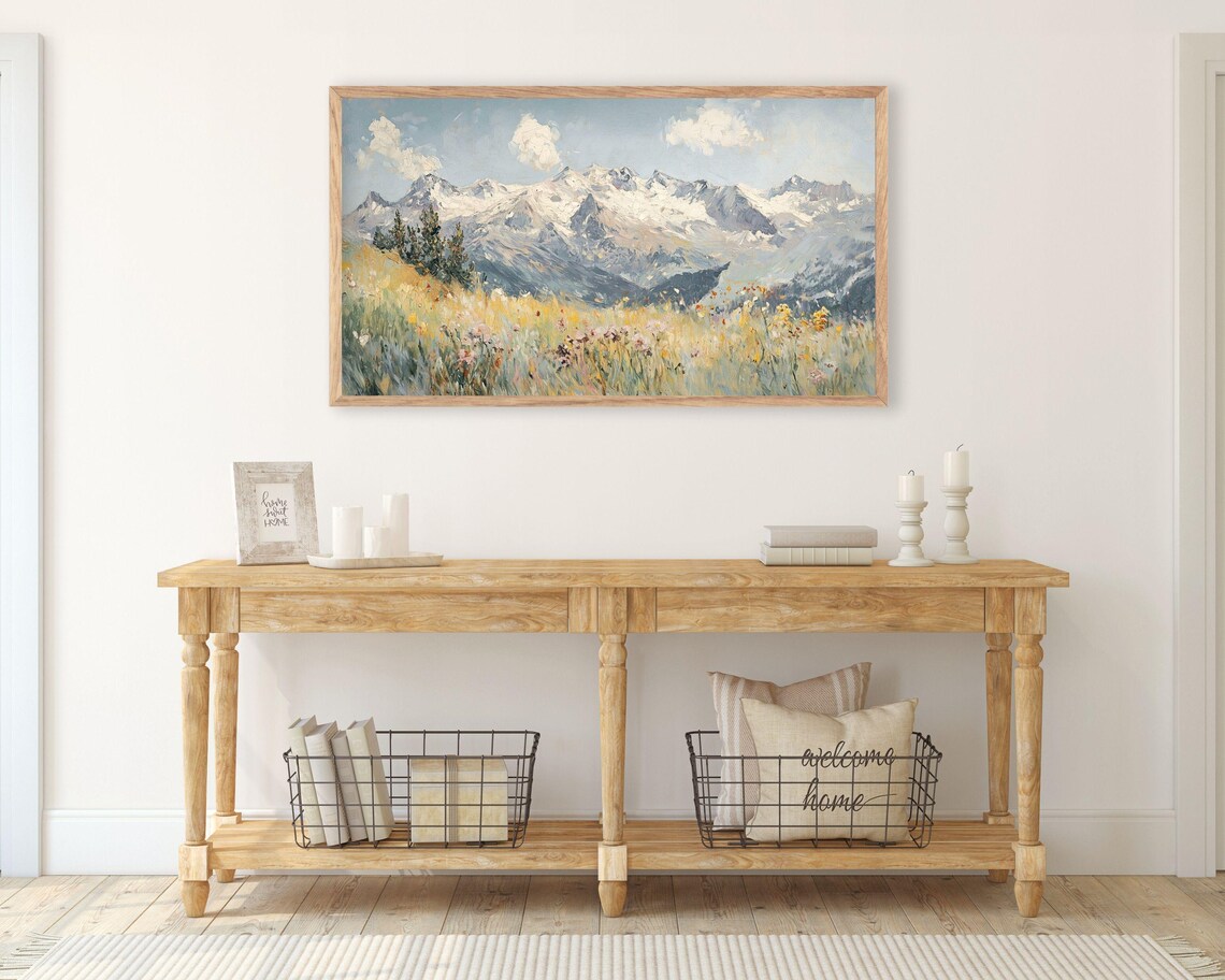 Golden Wildflowers Alpine Meadow Snowy Mountain Range Landscape Painting Poster - Image 3