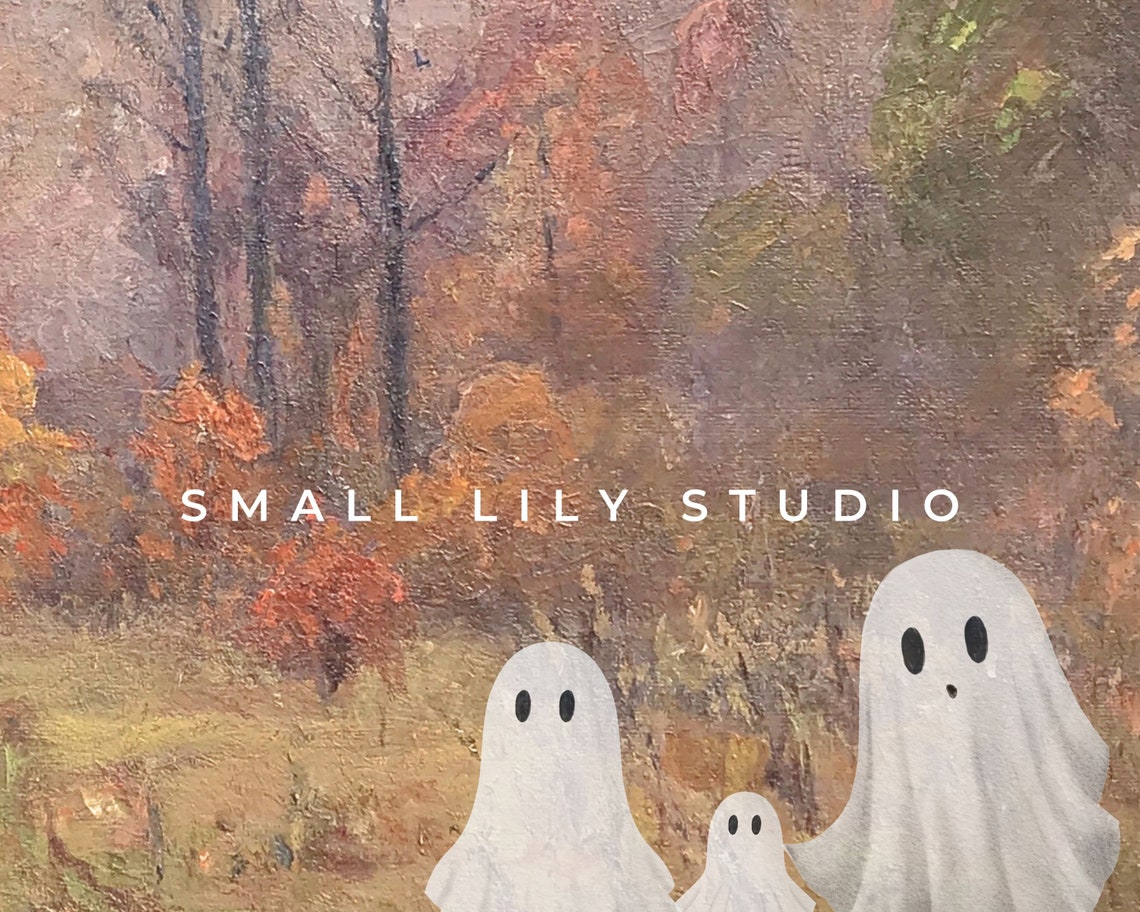 Halloween Ghost Family In Vintage Landscape Print Fall Halloween Print Fun Cute Ghosts Wall Art Spooky P046 - Image 4