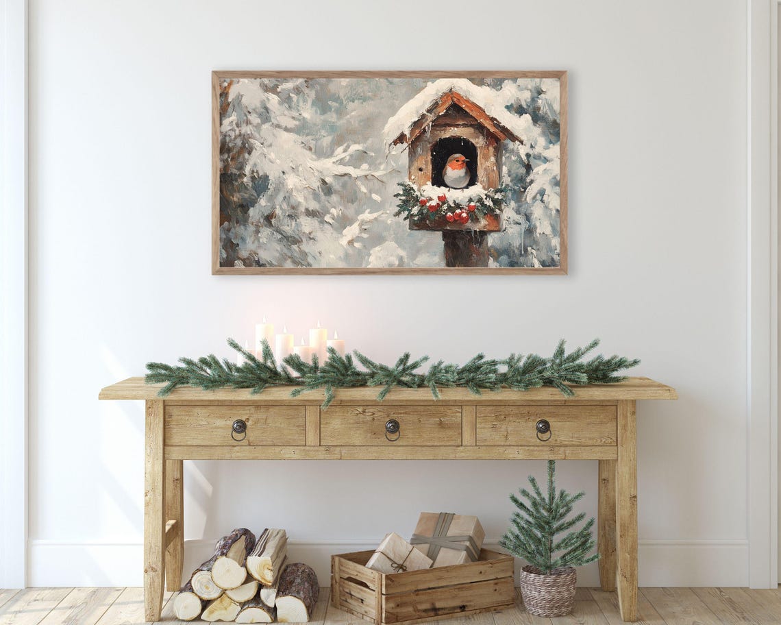 Frame Tv Art Bird In Christmas Birdhouse Neutral Winter Frame Tv Art Vintage Painting Style Cute Red Bird Picture For Kids Tv556 - Image 3