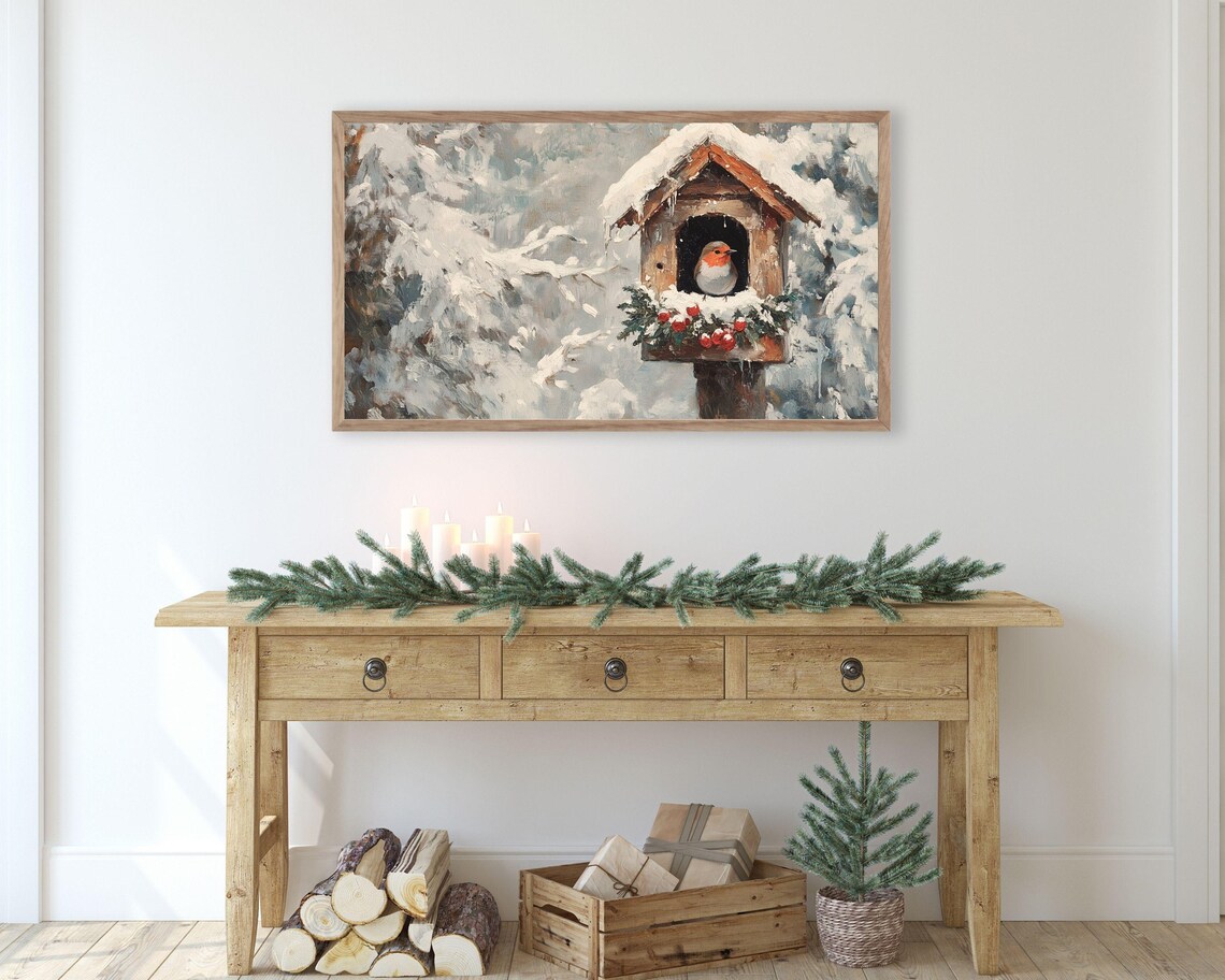 Robin in Snowy Birdhouse With Red Berries Winter Bird Vintage Poster - Image 3