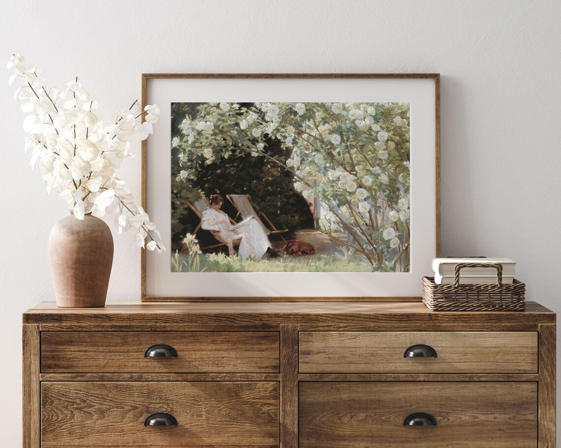 Woman Reading In Rose Garden Vintage Spring Floral Oil Painting Style Poster - Image 3