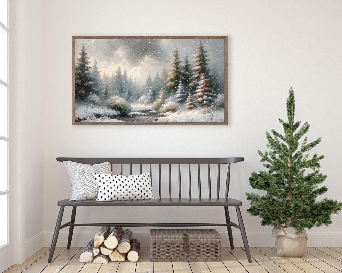 Moody Snow Falling Forest Stream Winter Pine Landscape Vintage Painting Poster - Image 3