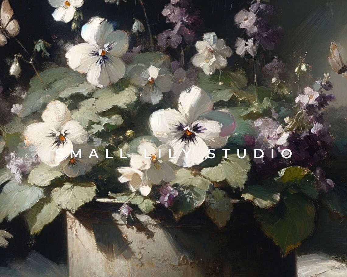 White Pansies and Violets Moody Dark Floral Vintage Painting Poster - Image 4