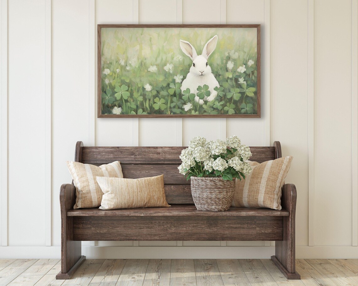 Bunny In Shamrocks Easter Rabbit Art Print - Image 2