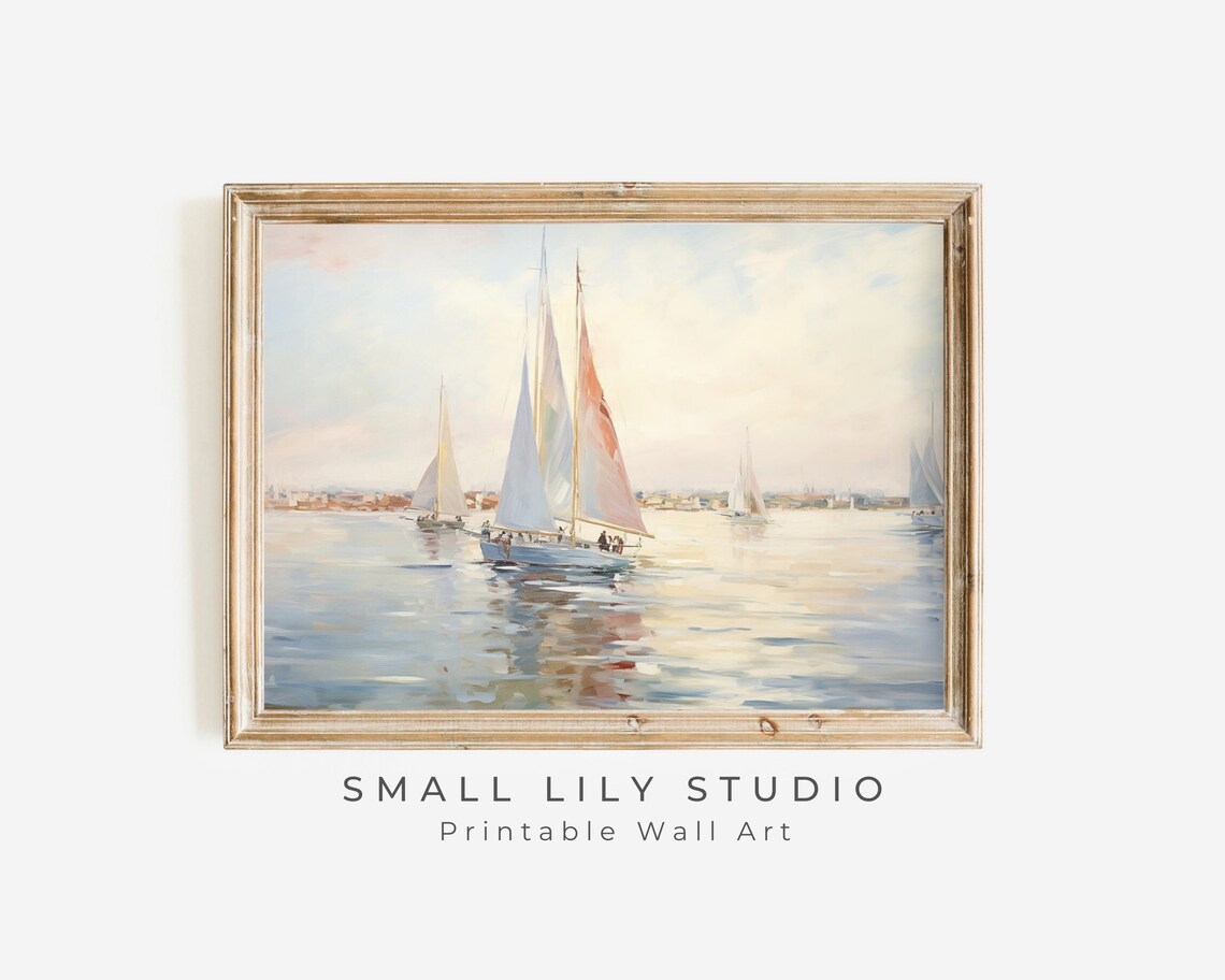 Sailboats On Calm Water Vintage Style Coastal Boats Sailing Painting Poster - Image 3