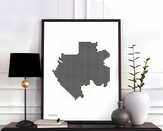 Gabon Minimal Dots Retro Map Poster Black White Wall Decor Design Modern Swiss Scandinavian Nordic Housewarming Travel