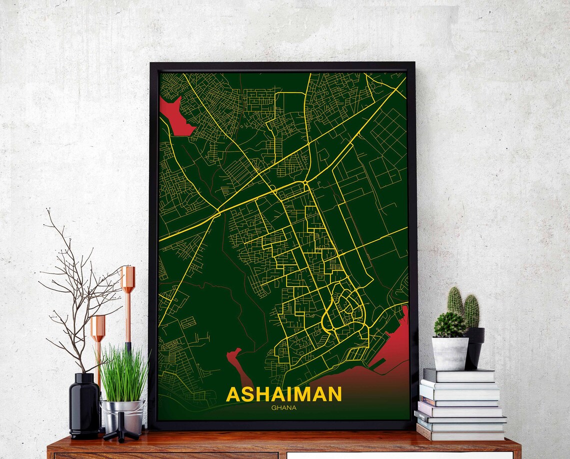 Ashaiman Ghana Dark Green Gold Modern Night Street City Map Poster