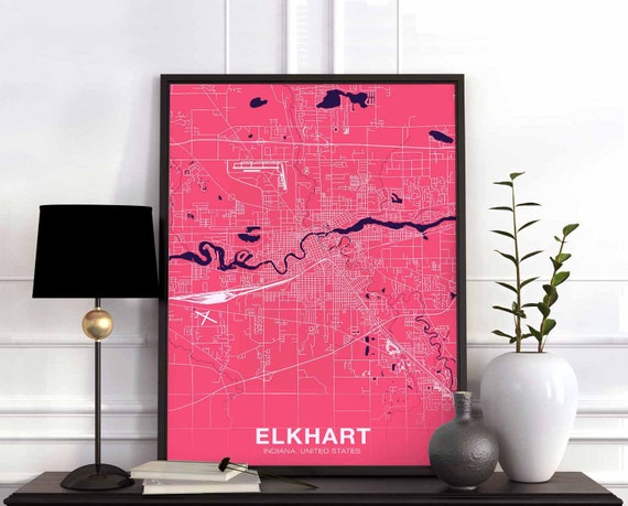 Elkhart Indiana In Usa Poster Color Hometown City Print Modern Home Decor Office Decoration Wall Art Dorm Bedroom Gift