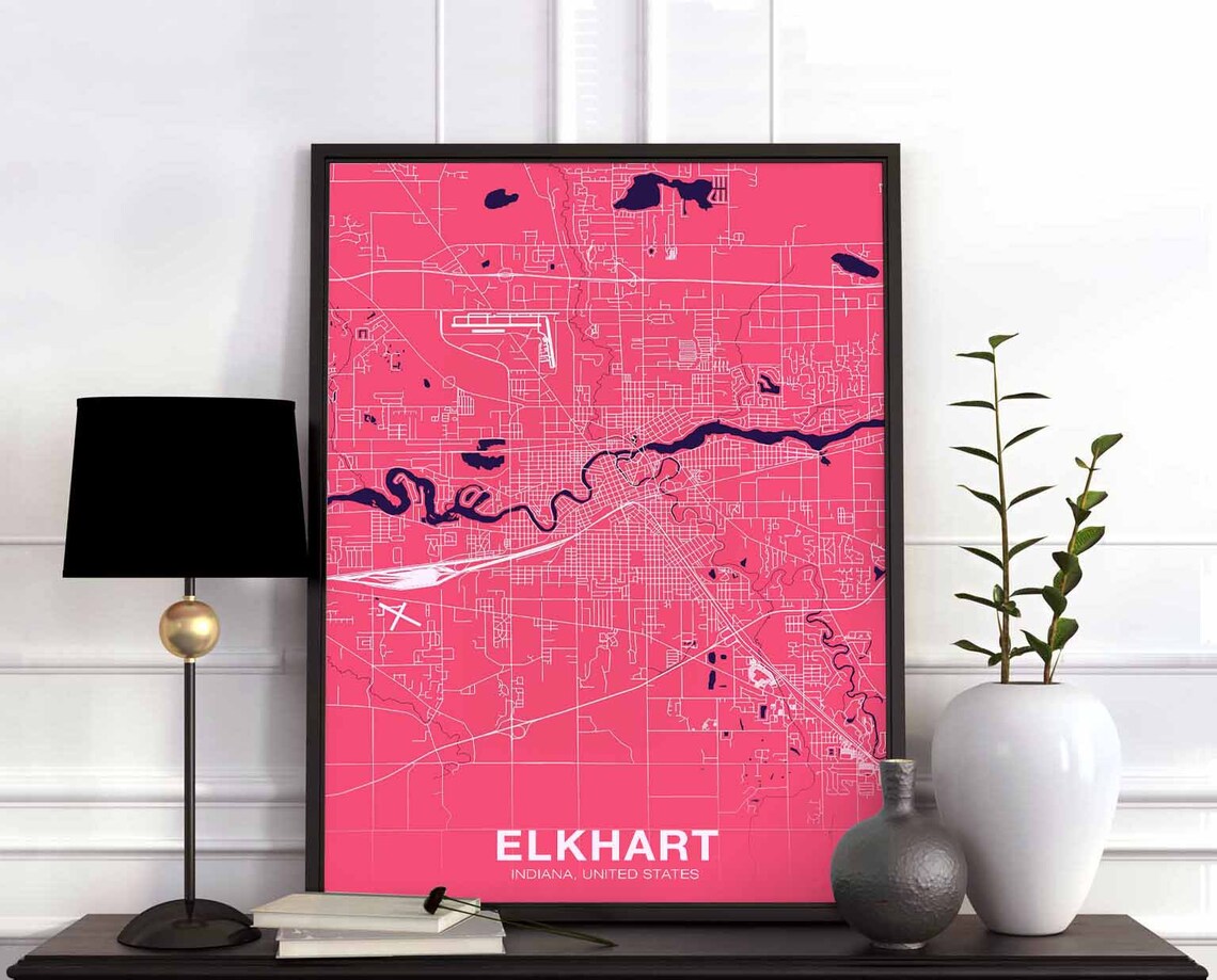 Elkhart Indiana Hot Pink City Street Map Bold Modern Wall Poster