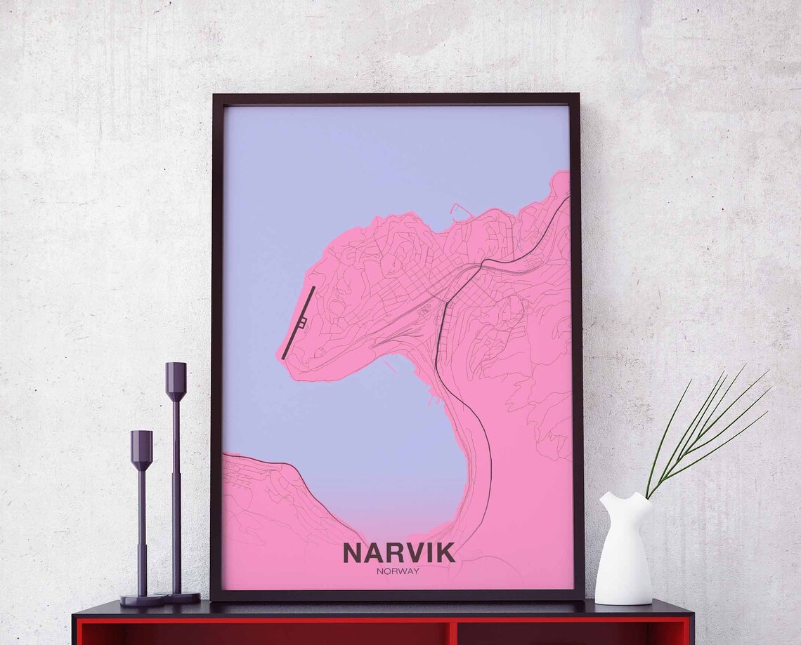 Narvik Norway Pastel City Map Poster Pink Street Layout Hometown Art