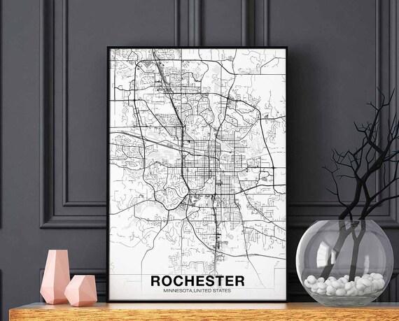 Rochester Minnesota Mn Usa Map Poster Black White Hometown City Print Modern Home Decor Office Decoration Wall Art Dorm Bedroom Gift