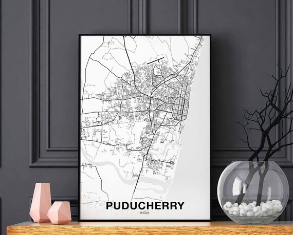 Puducherry India Map Poster Black White Hometown City Print Modern Home Decor Office Decoration Wall Art Dorm Bedroom Gift