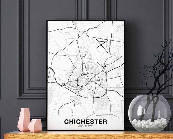 Chichester Great Britain Uk Map Poster Black White Hometown City Print Modern Home Decor Office Decoration Wall Art Dorm Bedroom Gift