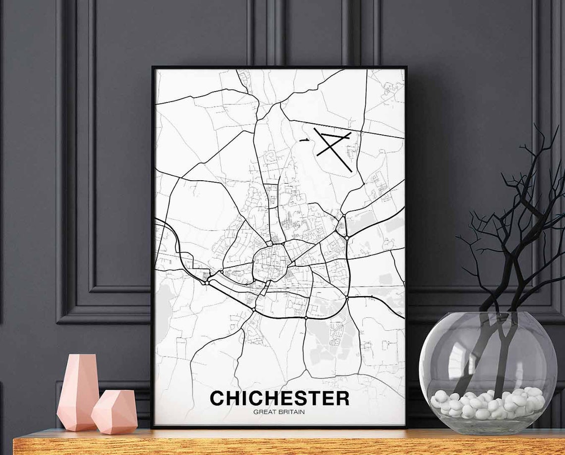 Chichester Great Britain City Street Map Minimalist Black White Poster