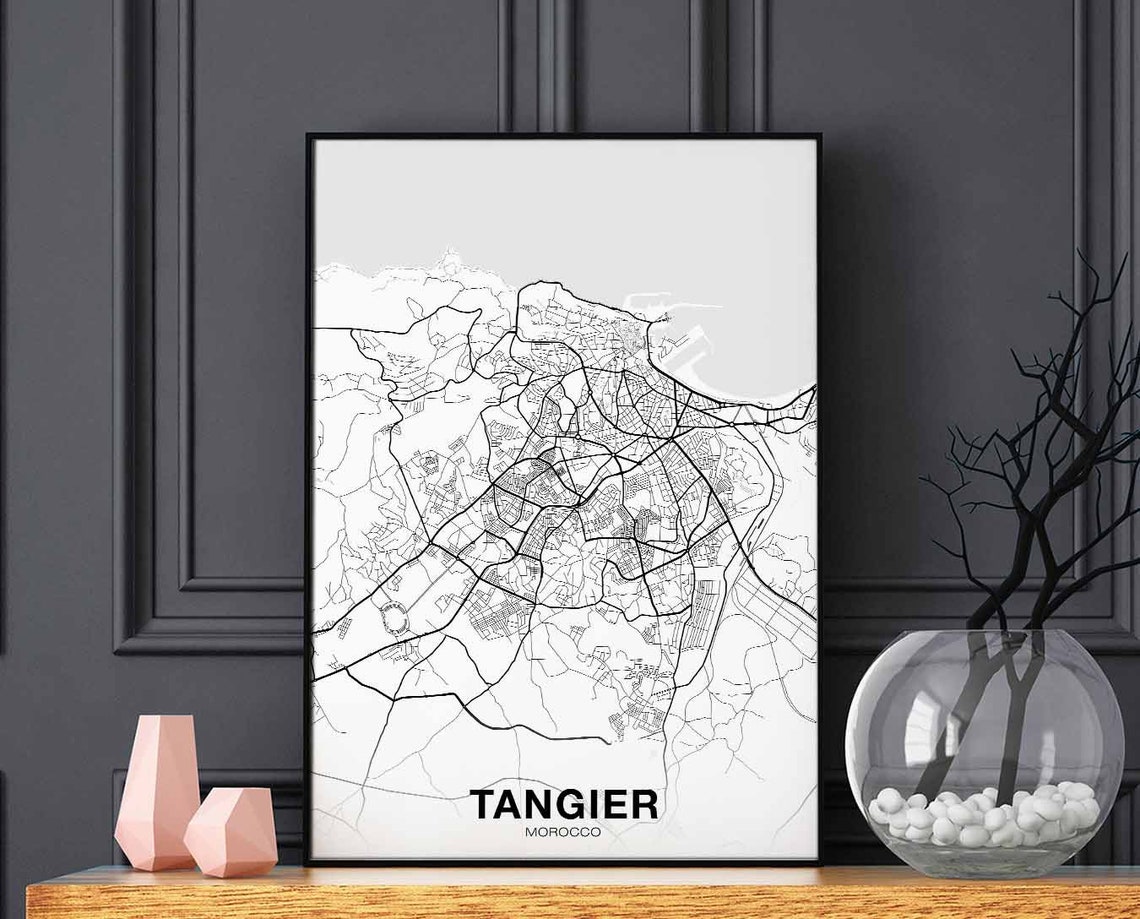 Tangier Morocco City Map Minimalist Black White Line Art Poster