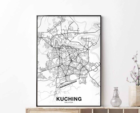 Kuching Malaysia Map Poster Black White Hometown City Print Modern Home Decor Office Decoration Wall Art Dorm Bedroom Gift