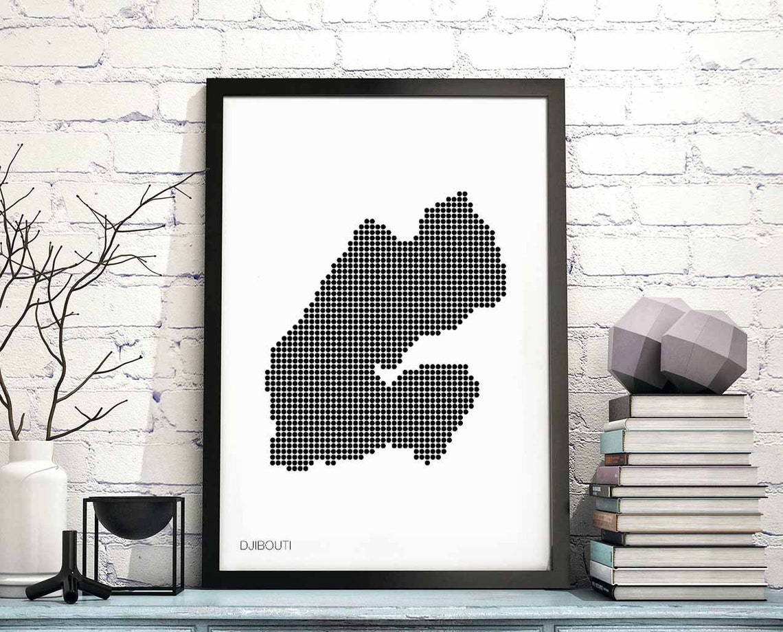 Djibouti Black Dots Retro Map Minimal Monochrome Home Decor Poster