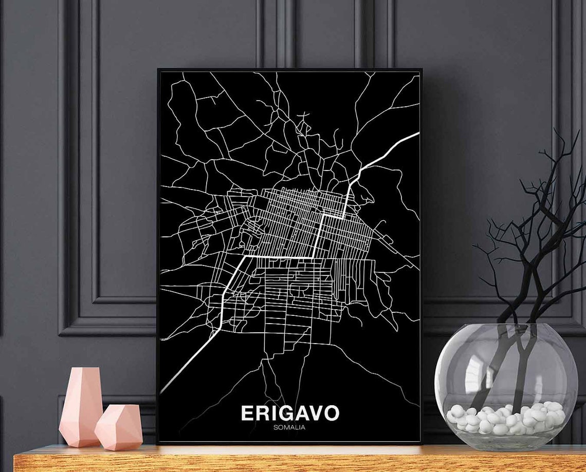 Erigavo Somalia City Map Poster Black White Street Layout Art
