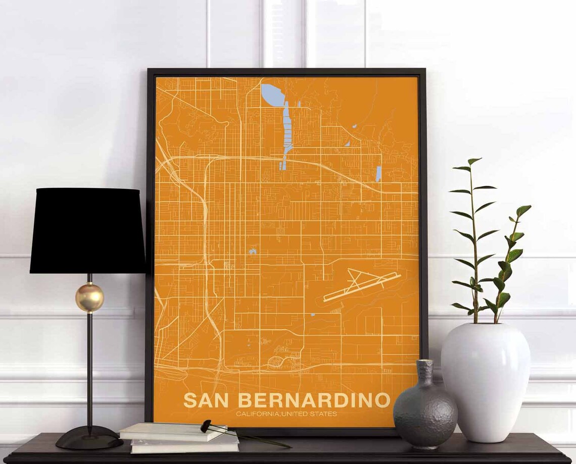 San Bernardino California Amber Gold Modern Street Map Poster