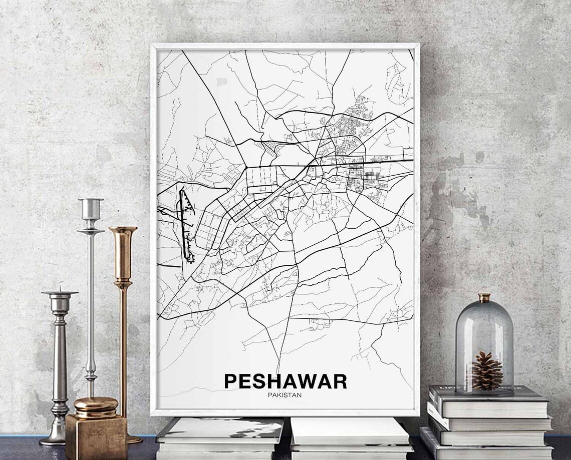 Peshawar Pakistan Bold Black White Modern Minimal Street Map Poster