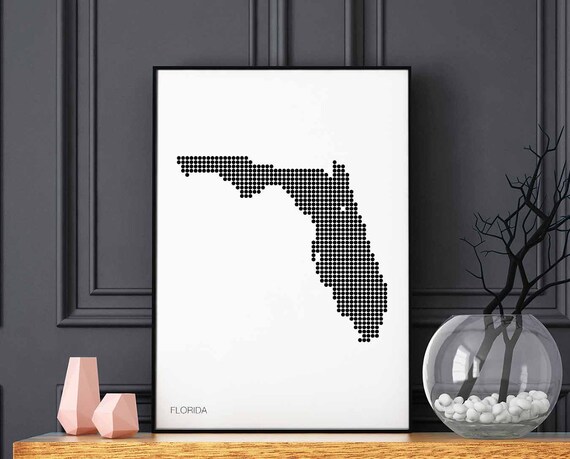 Florida Us State Minimal Dots Retro Map Poster Black White Wall Decor Design Modern Swiss Scandinavian Nordic Housewarming Travel