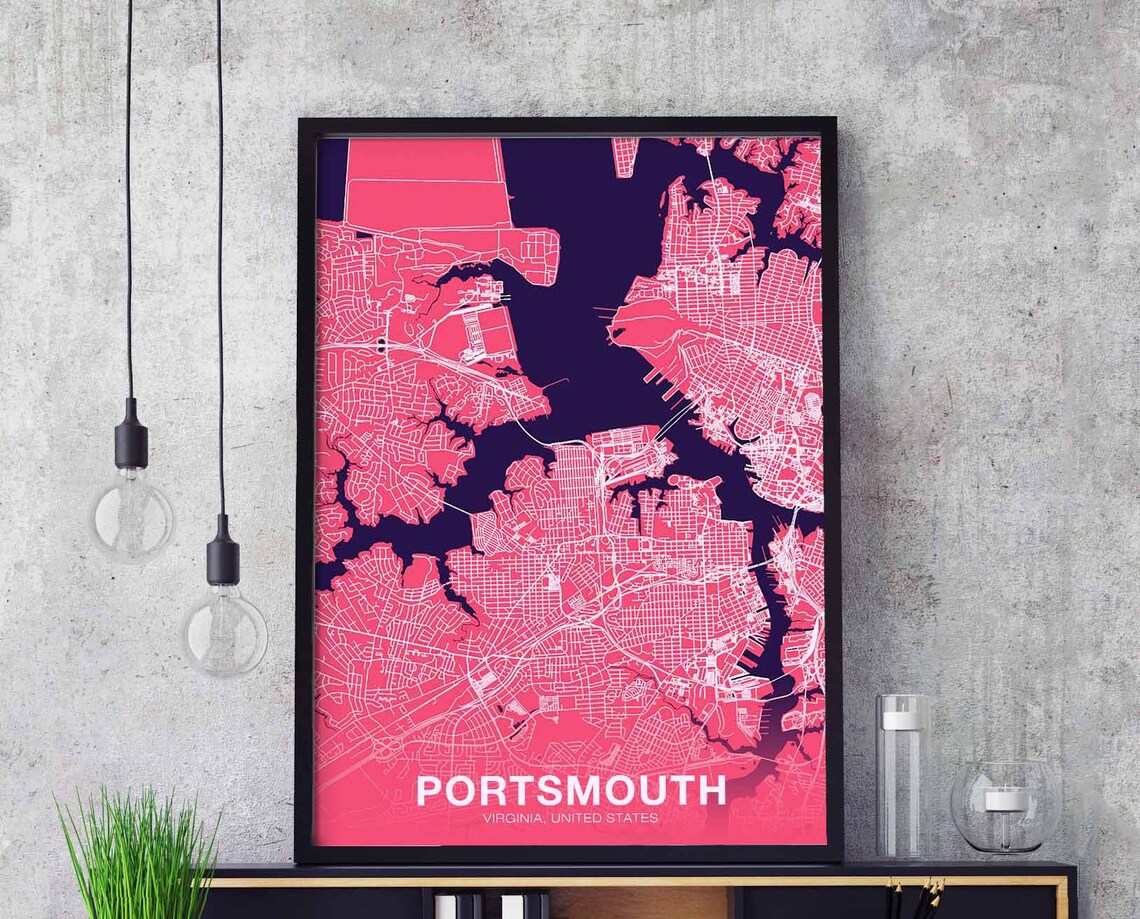 Portsmouth Virginia City Map Bold Pink on Dark Purple Poster