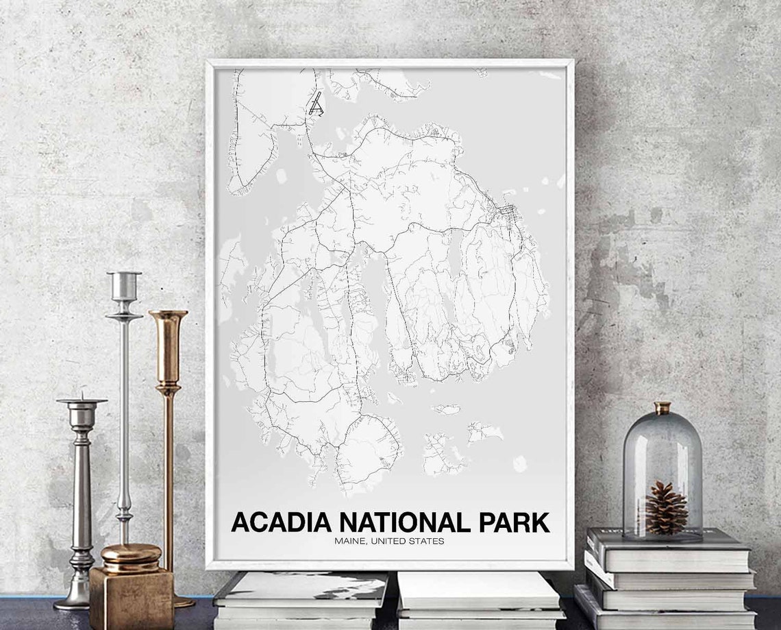 Acadia National Park Maine Map Poster Minimalist White Wall Decor