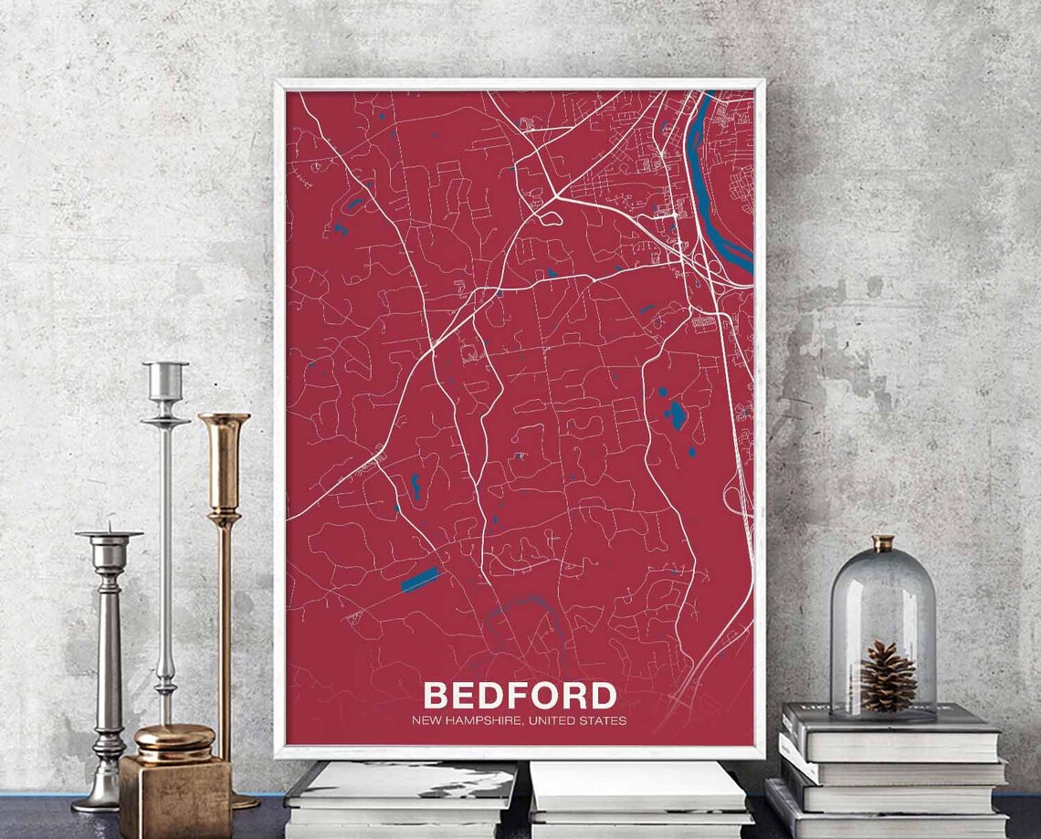 Bedford New Hampshire City Street Map Modern Red Wall Decor Poster