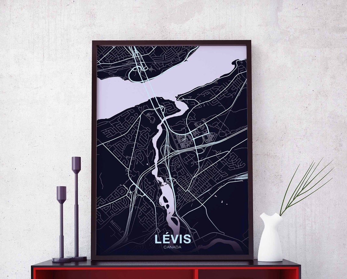 Lévis Canada Dark City Map With River Modern Hometown Art Poster