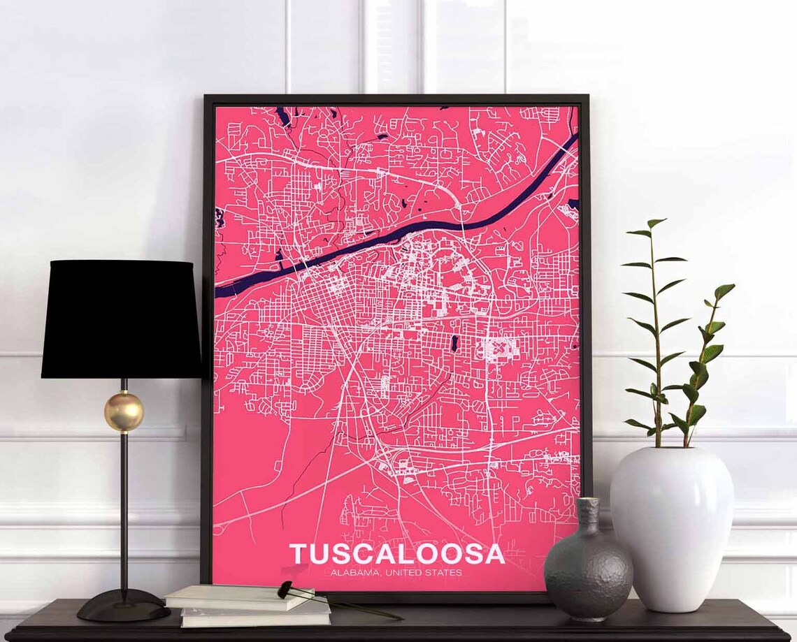 Tuscaloosa Alabama Pink City Map Poster Modern Hometown Decor