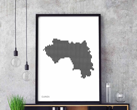 Guinea Minimal Dots Retro Map Poster Black White Wall Decor Design Modern Swiss Scandinavian Nordic Housewarming Travel