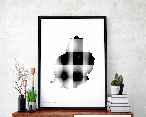 Mauritius Minimal Dots Retro Map Poster Black White Wall Decor Design Modern Swiss Scandinavian Nordic Housewarming Travel