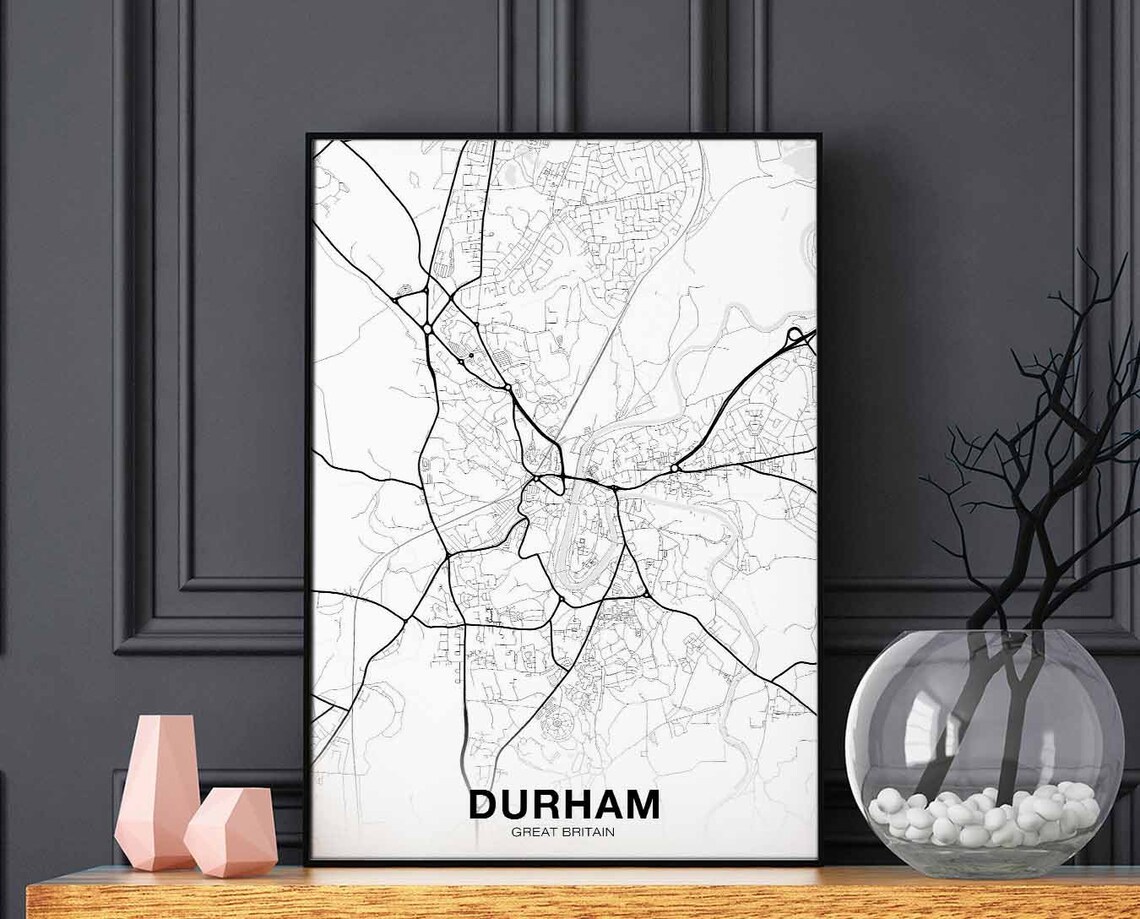 Durham Great Britain Minimalist Black and White City Street Map Poster