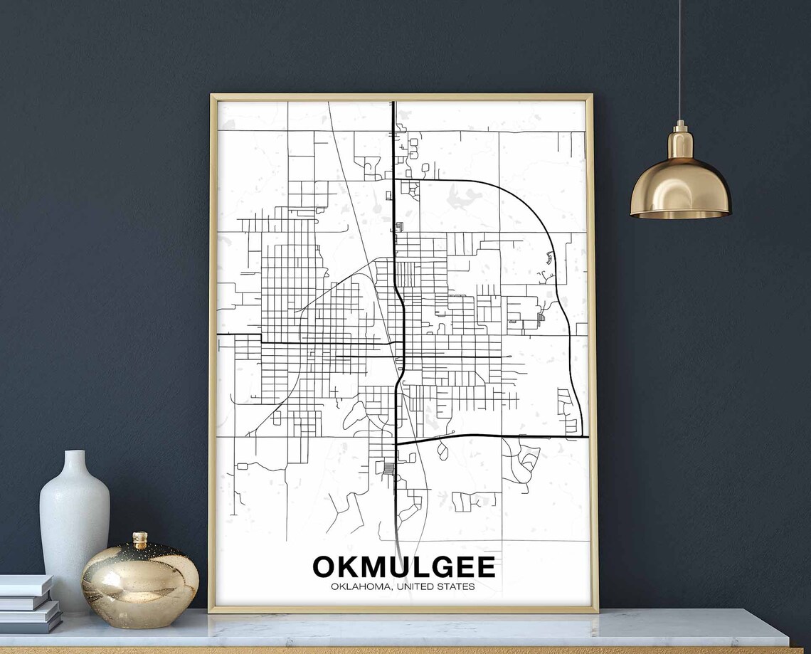 Okmulgee Oklahoma Map Poster, Modern Black White