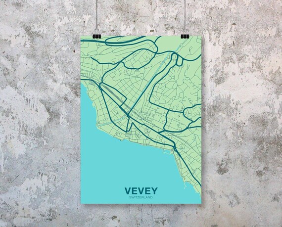 Vevey Switzerland Map Pale Lime Poster Black White Hometown City Print Modern Home Decor Office Decoration Wall Art Dorm Bedroom Gift