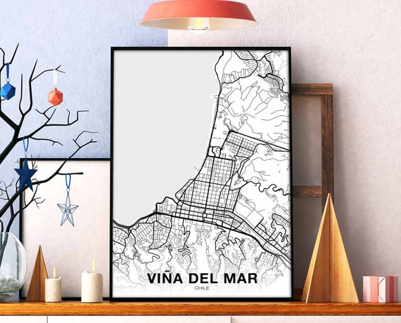 Vina Del Mar Chile Map Poster Black White Hometown City Print Modern Home Decor Office Decoration Wall Art Dorm Bedroom Gift