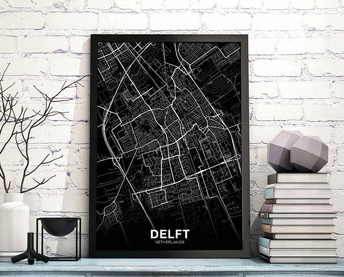 Delft Netherlands Street Map Black Background City Poster Art