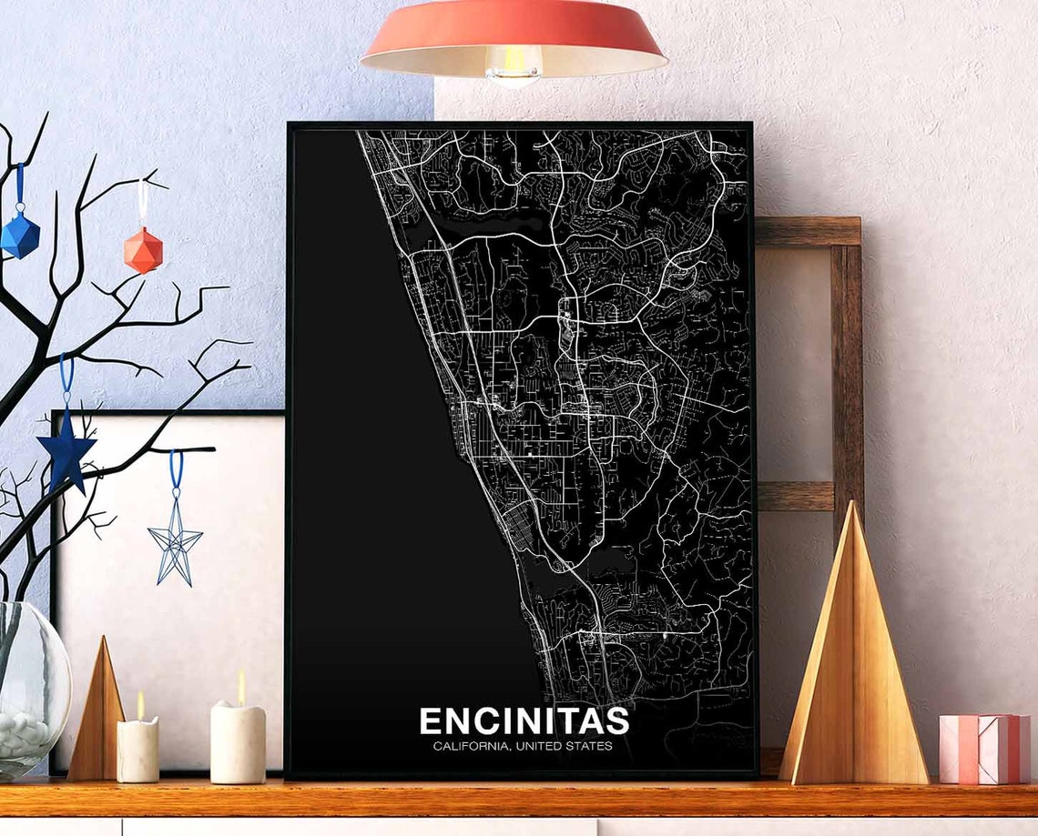 Encinitas California Map Poster Black White Surf Town Street Artwork