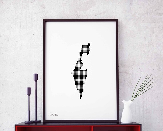 Israel Minimal Dots Retro Map Poster Black White Wall Decor Design Modern Swiss Scandinavian Nordic Housewarming Travel